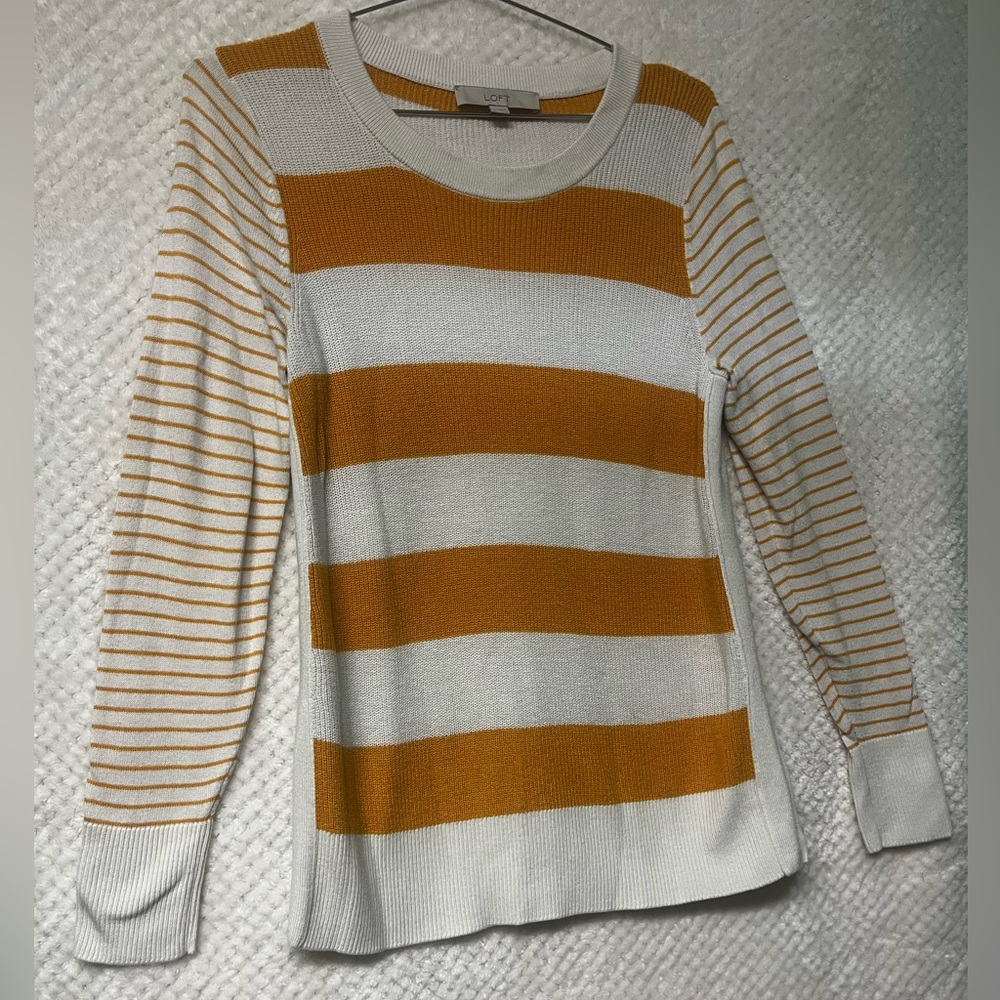 LOFT Womens Sweater in Orange and White Stripes Fall Winter Round Neck Small